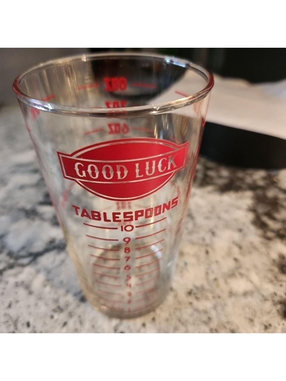 Vintage Clear Glass Red Lettering GOOD LUCK Measurements Glass